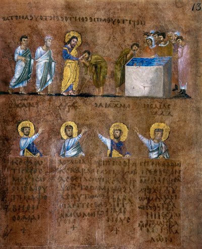 Detail aus der Miniatur aus dem Codex Purpureus Rossanensis, griechische Evangelisten in Miniatur wahrscheinlich aus Antiochia in Syrien oder Caesarea Palestina und aufbewahrt im Diözesanmuseum von Rossano in Cosenza von Byzantine School